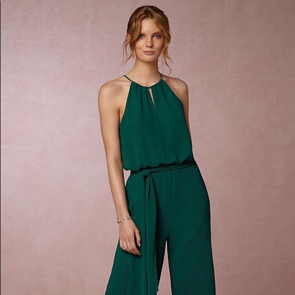 Anthropologie Jackie Jumpsuit in emerald green.
